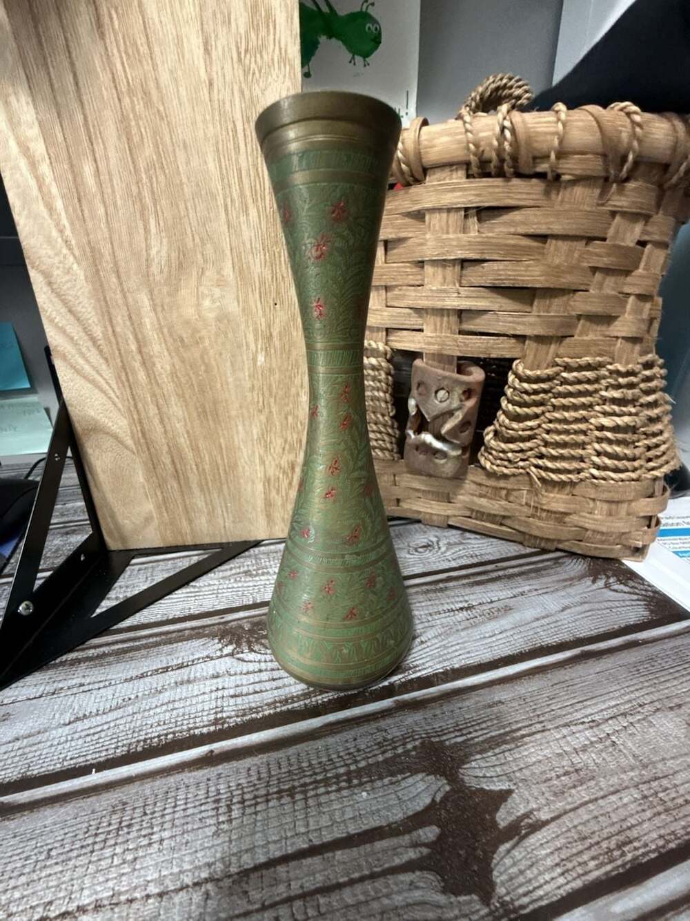 Vintage Hand Crafted Etched Brass Floral Vase Made in India